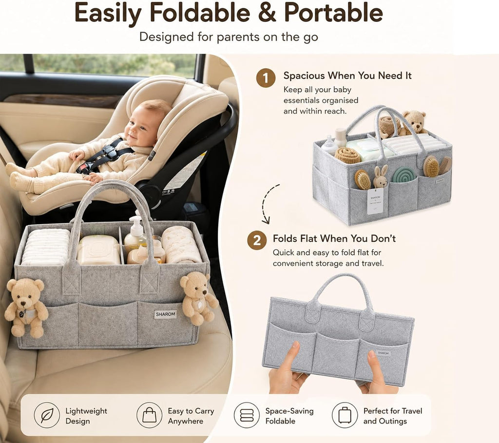SHAROM Essential Baby Caddy for Newborns. Spacious, Sturdy & Portable Diaper and Nappy Caddy for Newborn Essentials, Nursery Storage Basket & Organiser for Baby Shower Gifts (Grey)