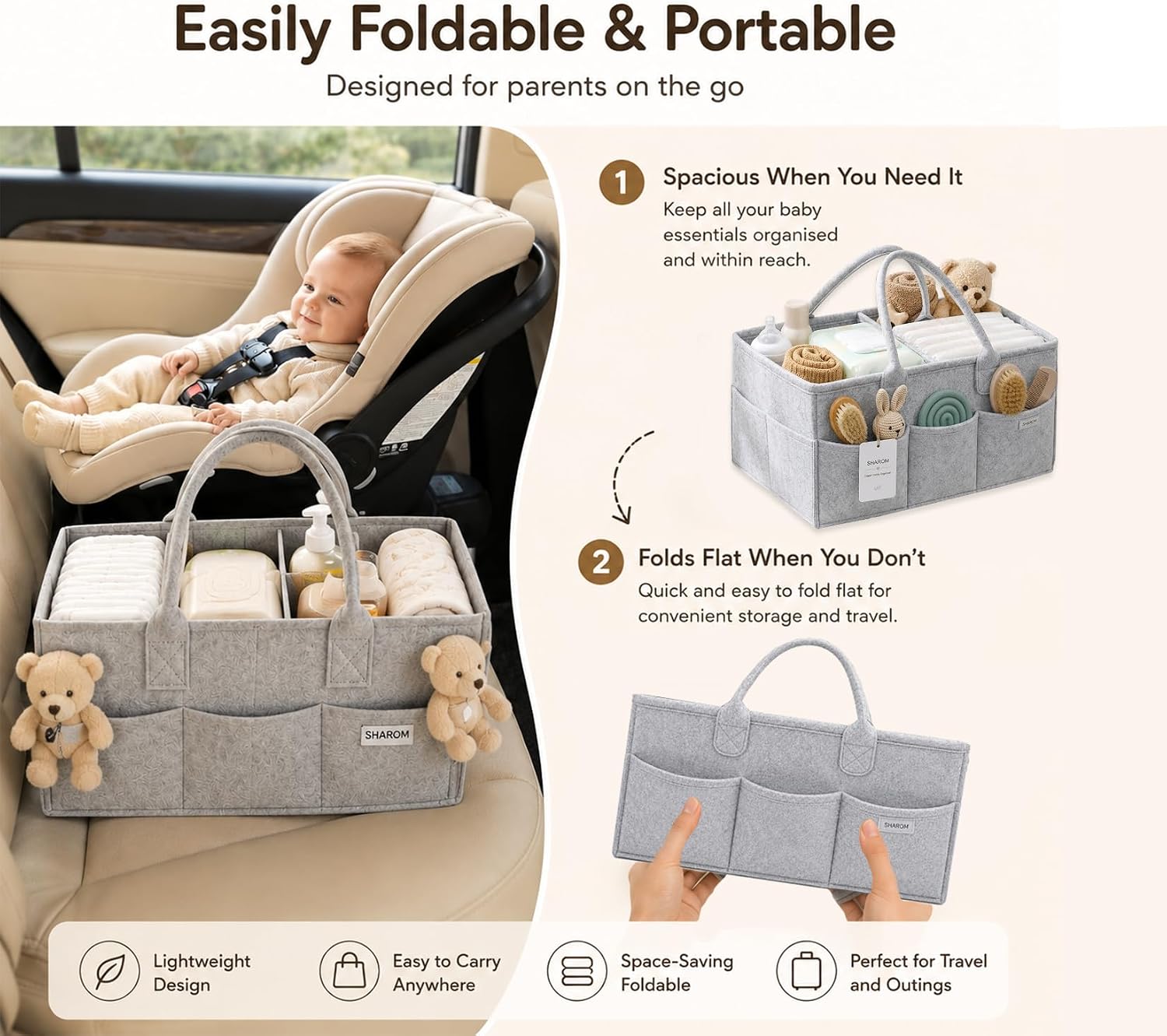 SHAROM Essential Baby Caddy for Newborns. Spacious, Sturdy & Portable Diaper and Nappy Caddy for Newborn Essentials, Nursery Storage Basket & Organiser for Baby Shower Gifts (Grey)