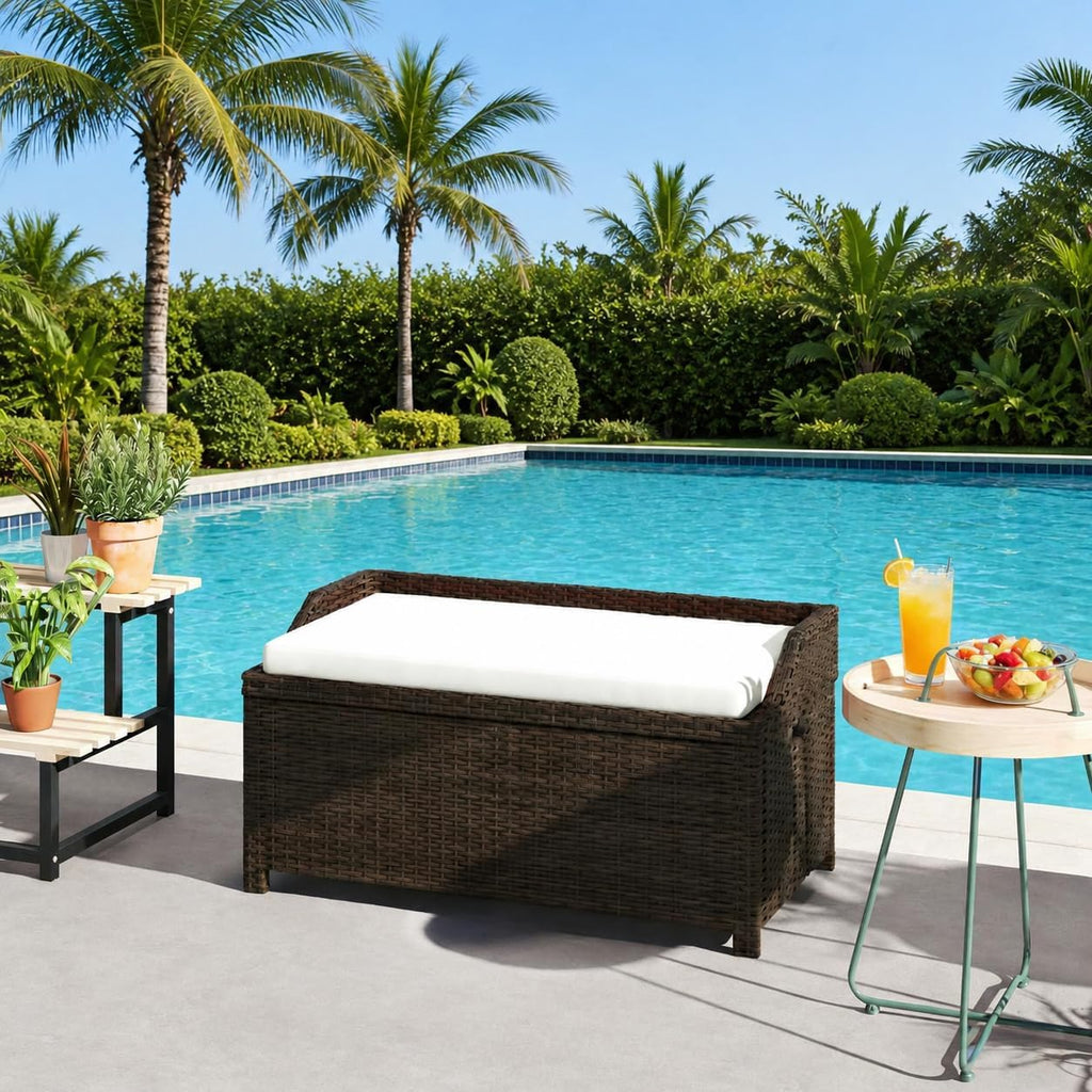 Outdoor Storage Box, Wicker Patio Bench with Cushion, All-Weather Garden Furniture, Large Capacity for Deck, Yard, or Porch, Ideal for Home Organization and Relaxation