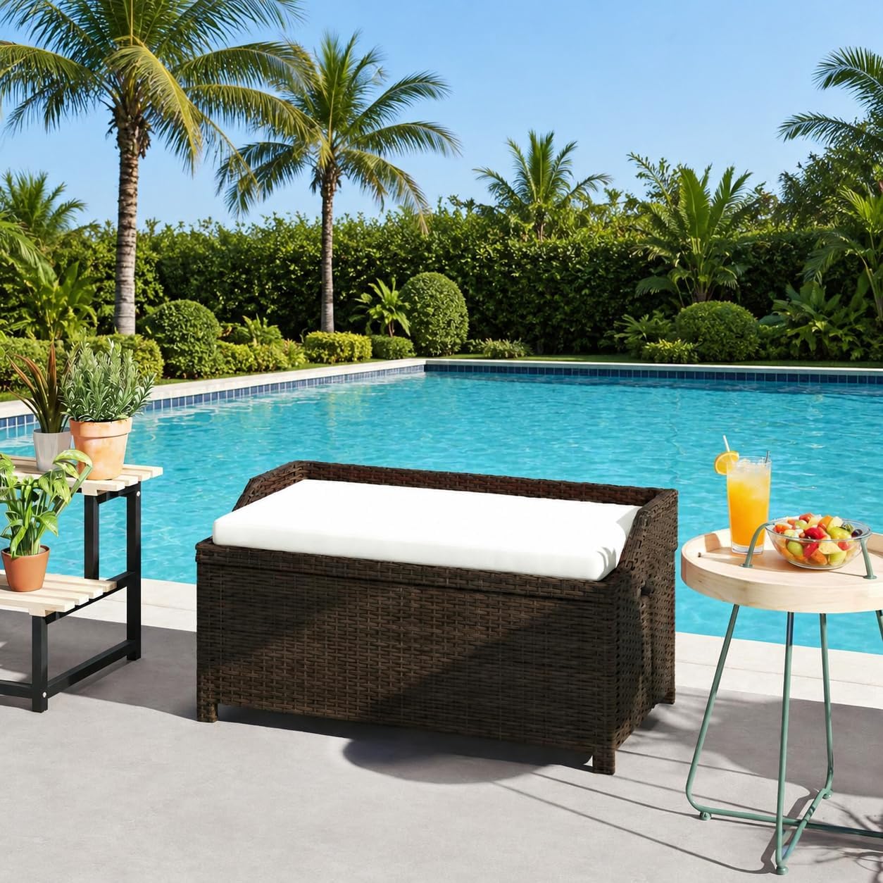 Outdoor Storage Box, Wicker Patio Bench with Cushion, All-Weather Garden Furniture, Large Capacity for Deck, Yard, or Porch, Ideal for Home Organization and Relaxation