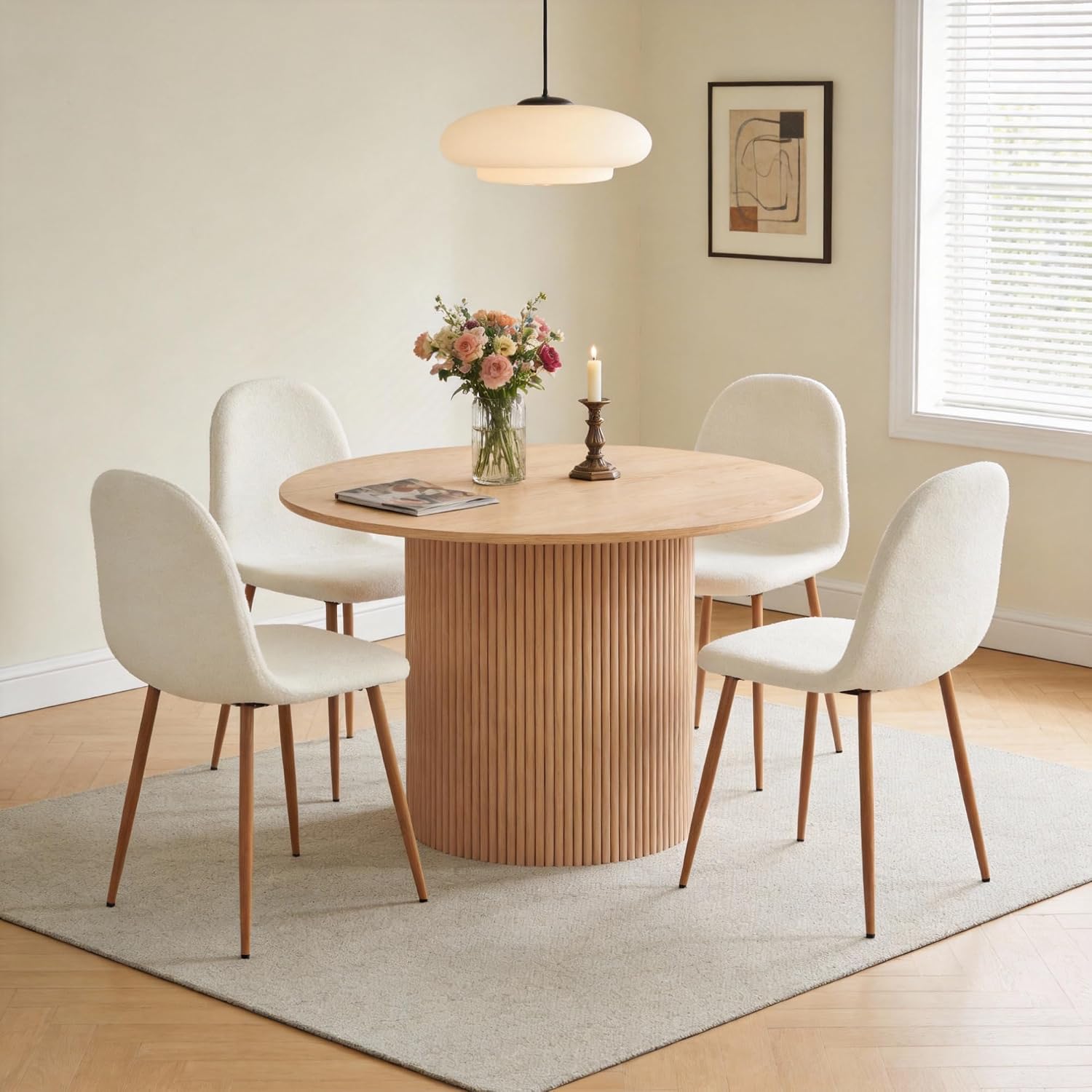 Dining Table Set for 4, Mid Century Modern 47 Inch Wooden Round Dining Table Set, Space Saving (Table + 4 White Chairs)