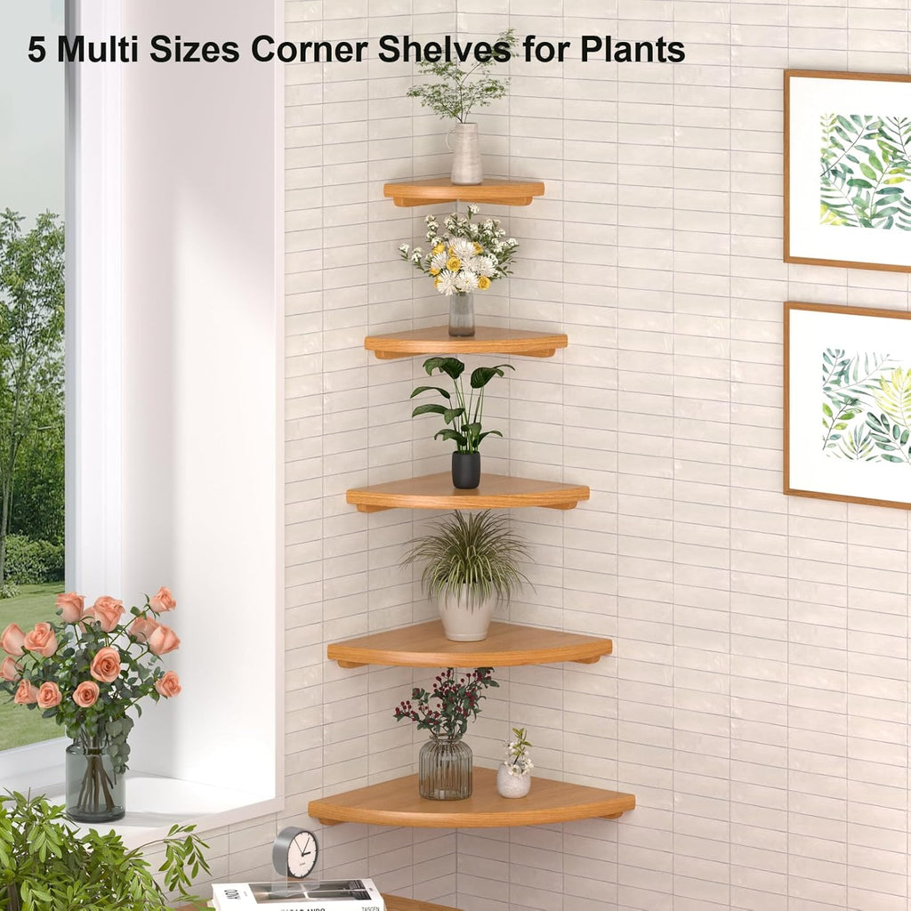 Gieanoo Floating Corner Shelves for Wall Set 2 7inch Solid Oak Rounded Corner Shelves Wall Mounted with Cable Hole Wood Corner Hanging Shelves for Living Room Bedroom Bathroom Kitchen