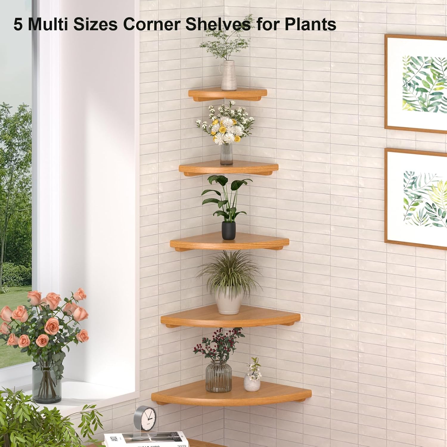 Gieanoo Floating Corner Shelves for Wall Set 2 7inch Solid Oak Rounded Corner Shelves Wall Mounted with Cable Hole Wood Corner Hanging Shelves for Living Room Bedroom Bathroom Kitchen