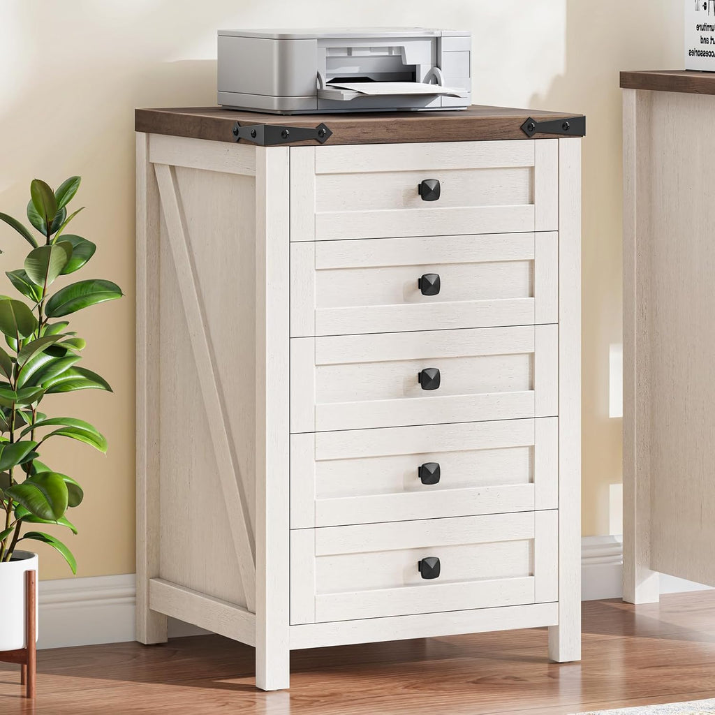 Halitaa 5 Drawer Storage Cabinet, Office Storage Cabinet with 5 Drawers, Small Farmhouse Printer Stand for Home Office, Rustic White and Brown