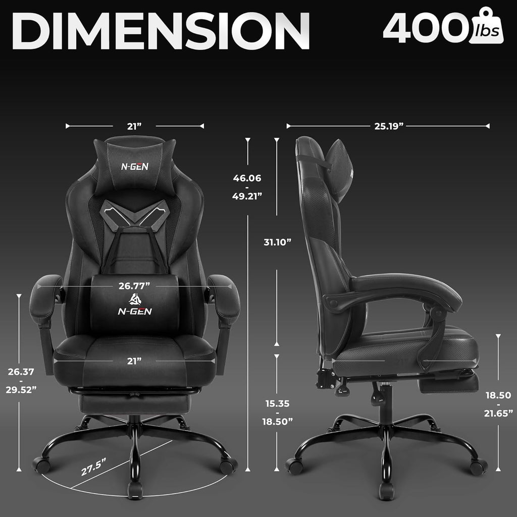 N-GEN GAMING Gaming Chair Big and Tall Computer Heavy Duty Office Desk Chair with Footrest Ergonomic Lumbar Support High Back Recliner for Adults (Dark Black)