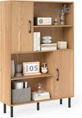 Giantex 47-Inches Storage Cabinet with Doors, Open Shelves, Anti-Tipping Device, 4-Tier Bookcase for Books & Photos, Tall Cupboard, Floor Cabinet for Living Room, Kitchen Buffet Sideboard (Natural)
