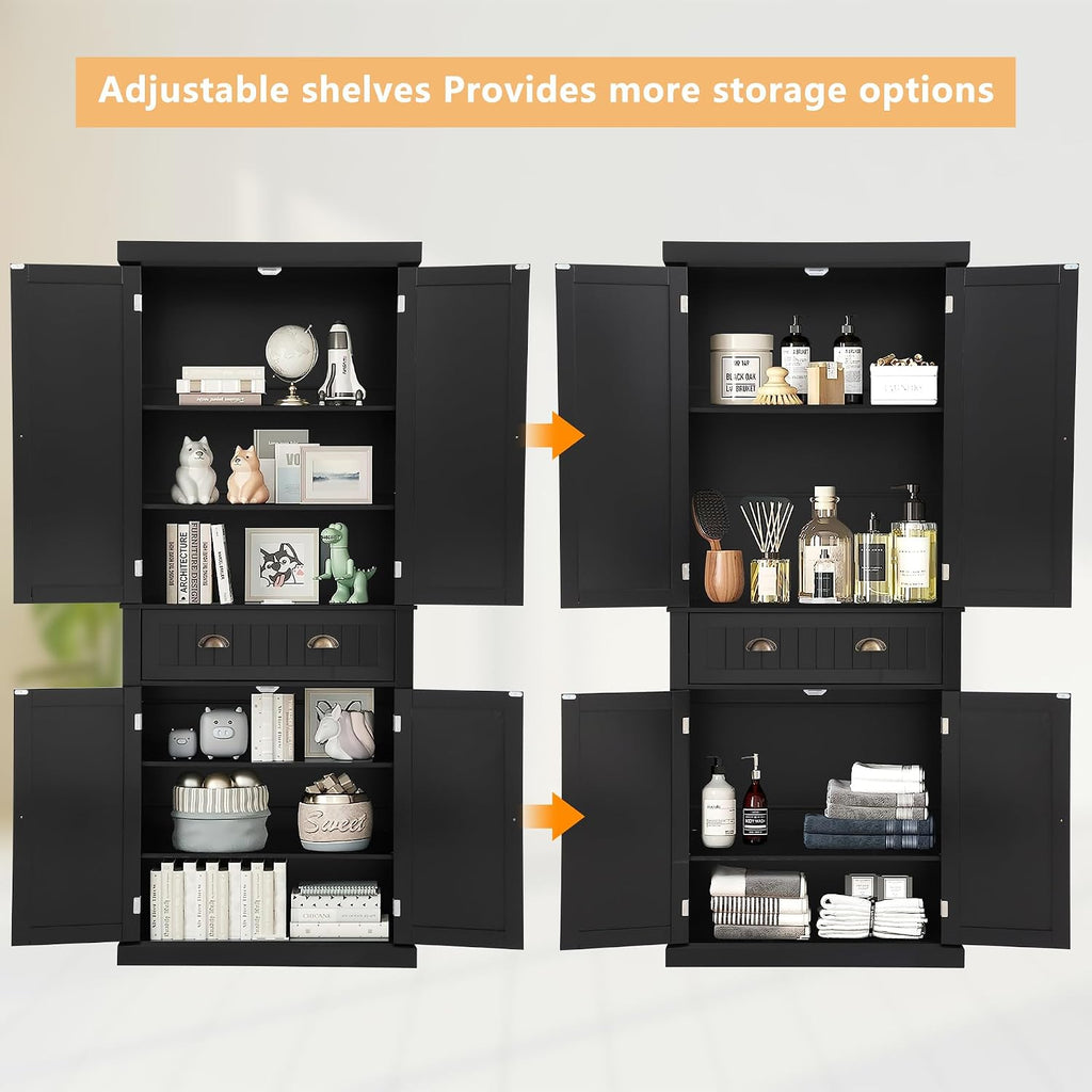 KIGOTY 72" Tall Kitchen Pantry Cabinet with Drawer and 4 Adjustable Shelves, Freestanding Pantry Storage Cabinets, Wood Cupboard Pantry Cabinet for Kitchen, Dining Room, Living Room, Black