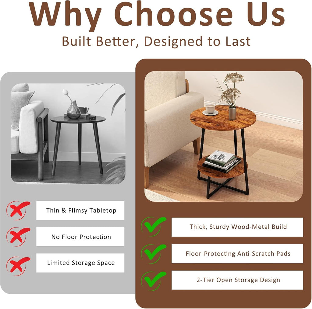 Round End Table - 23.6" H Side Table with Metal Frame, Industrial Accent Tables for Living Room Bedroom, Rustic Brown (2 Packs)