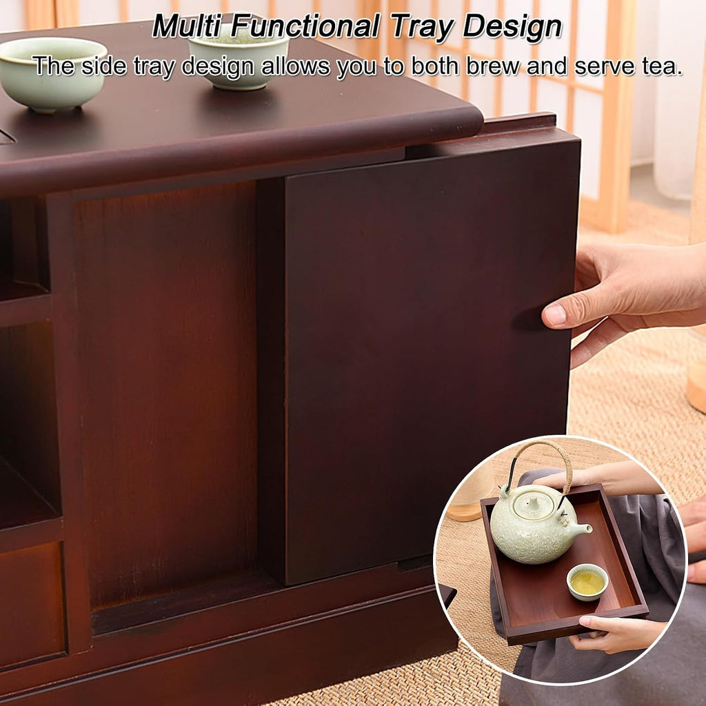 Japanese Tea Cabinet Floor Table, Paulownia Wood Side Table with Tray and Storage, 22x12x15in, for Tea Brewing, Living Room, Tea Room