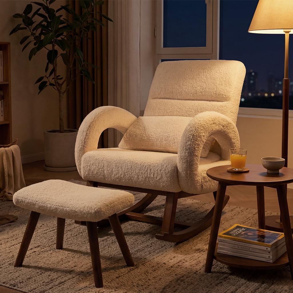 COMHOMA Rocking Chair Nursery with Ottoman,Boucle Teddy Fabric Glider Rocker with High Backrest&Lumber Pillow,Modern Upholstered Accent Armchair with Solid Wood Legs (Beige, Boucle)