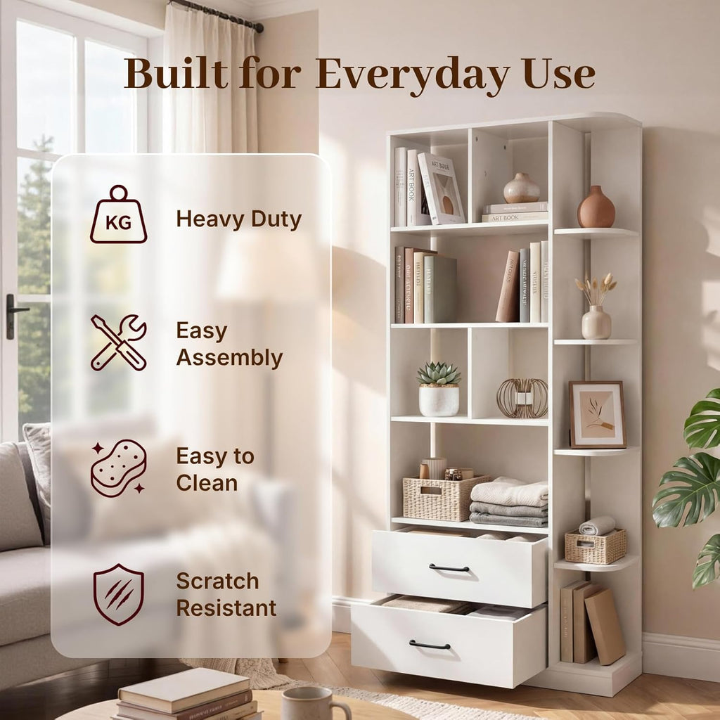 NORTHSKY Book Shelf with 2 X Fabric Drawers, 5-Tier Tall Bookshelf, Modern Wood Storage Organizer with Open Shelves for Living Room Bedroom Home Office, White