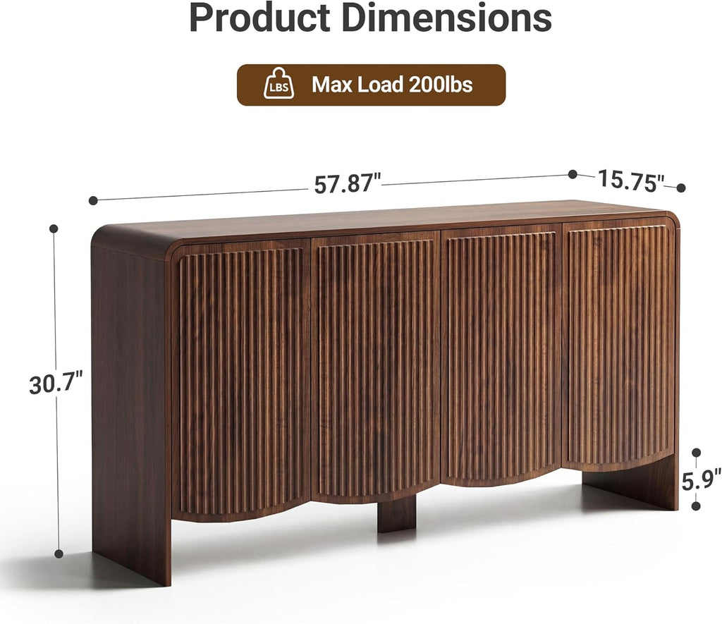 Seang Fluted Sideboard Buffet Cabinet with Storage,58" Modern Sideboard Cabinet with Curved Design & Adjustable Shelves,Wood Console Table for Living Room,Entryway,Kitchen,Walnut