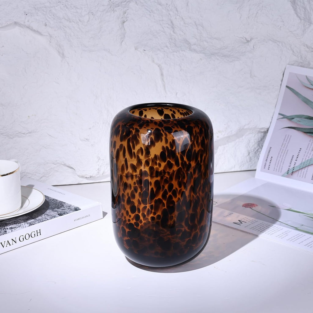 8.2in Amber Vase,Brown Glass,Round Art,Modern Clear Glass Vase,Decorative Bottles for Home Decor,Farmhouse Centerpiece,Wide for Living Room, Kitchen,Office, Dining (S)