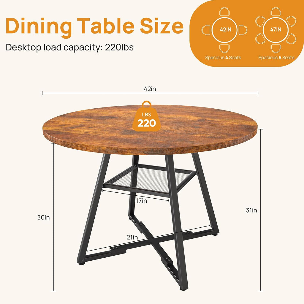 Alpen 42" Round Dining Table for 4-6, Farmhouse Kitchen Table with Storage Shelf, Wood Circle Table with Pedestal Metal Frame, Small Space Table for Apartment, Dining Room, Vintage Brown