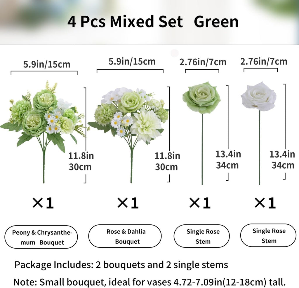 4 Pcs Mixed Artificial Flowers Set, Small Artificial Peony Bouquet Fake Rose Flower Silk Floral Arrangements for Table Centerpiece Home Wedding Party Bridal Decoration(Green, 2 Bouquets & 2 Stems)