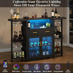 Loomie Bar Table Cabinet with LED Lights & Drawer, 8-Tier Wine Bar Cabinet with Wine Rack & Stemware Holder, Home Bar Unit Liquor Cabinets with Glass Door, Crescent Shaped Counter for Home Pub (Black)