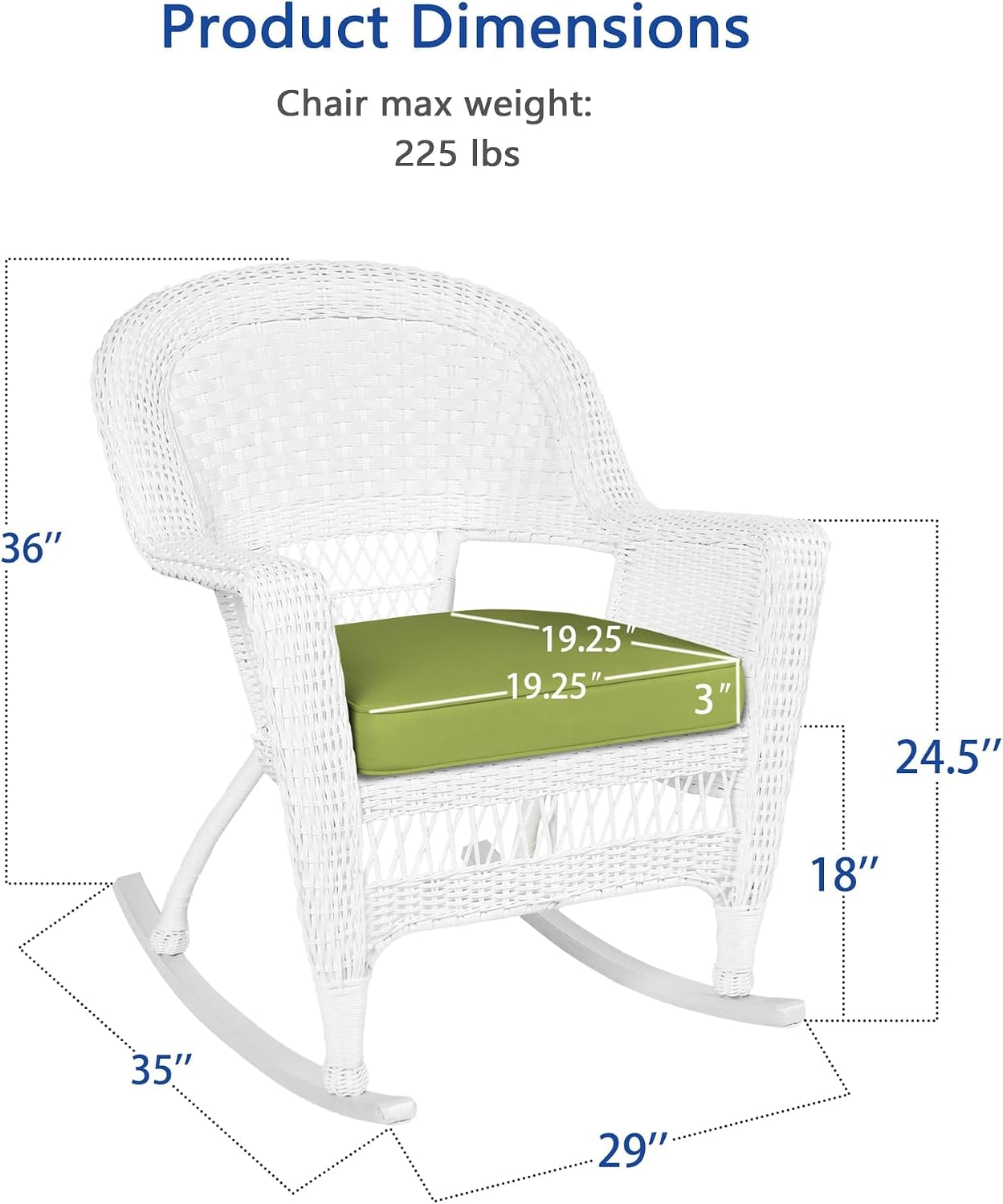 Jeco Rocker Wicker Chair with Green Cushion, Set of 2, White