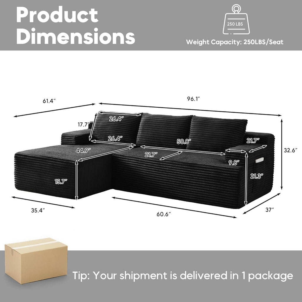 96.1" Cloud Sectional Couch, Modern Modular L Shape Sectional Sofa with Deep Seat Chaise, Comfy Corduroy Boneless Couches for Living Room (Black, Left Chaise)