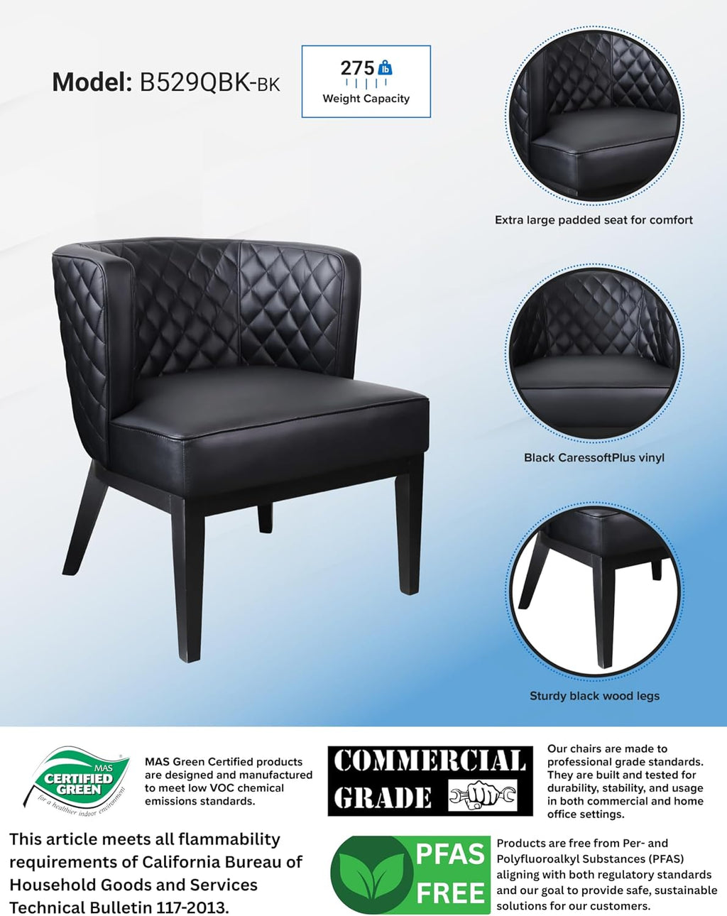 Boss Office Products Black Boss Office Ava Quilted Guest, Accent Or Dining Chair, 29" d x 25.5" w x 28" h (B529QBK-BK)