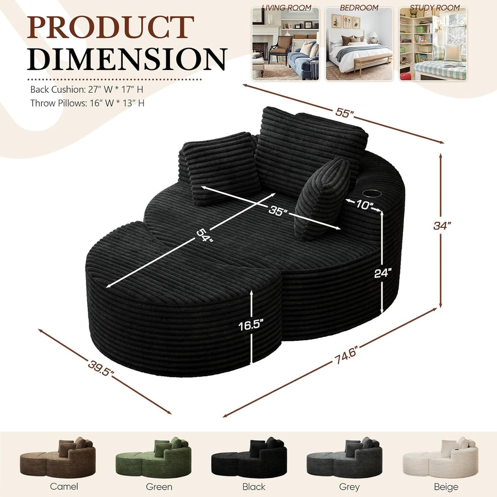 Oversized Round Chaise Longue Chair with Ottoman, Modern Corduroy Deep Seat Circle Single Cloud Boneless Floor Accent Chair w/Cup Holders for Living Room, Bedroom Apartment, 55" W * 74.6" D, Black
