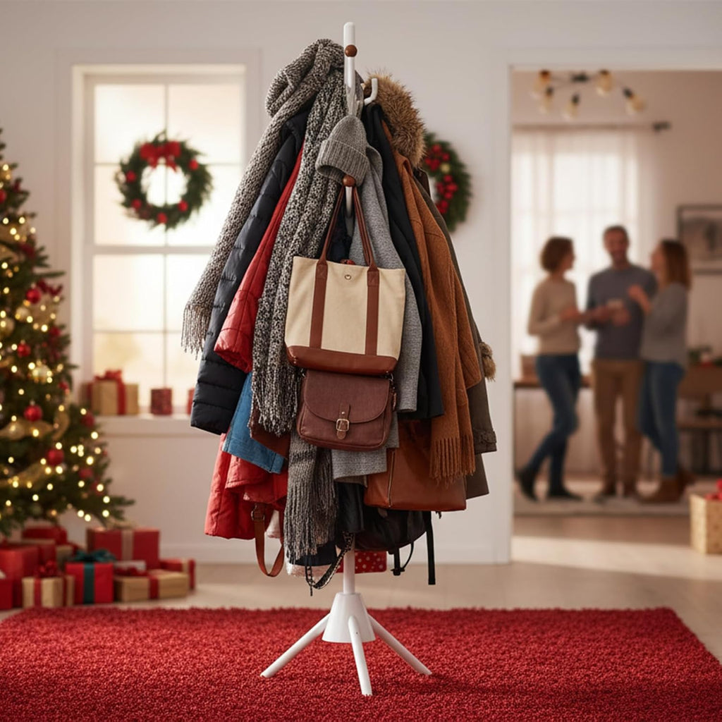 Heavy Duty Coat Rack, 8-Hook Freestanding Metal Clothes Tree Stand for Entryway, Hallway, Bedroom - Sturdy Triangle Base, Non-Tipping, Space Saving, White