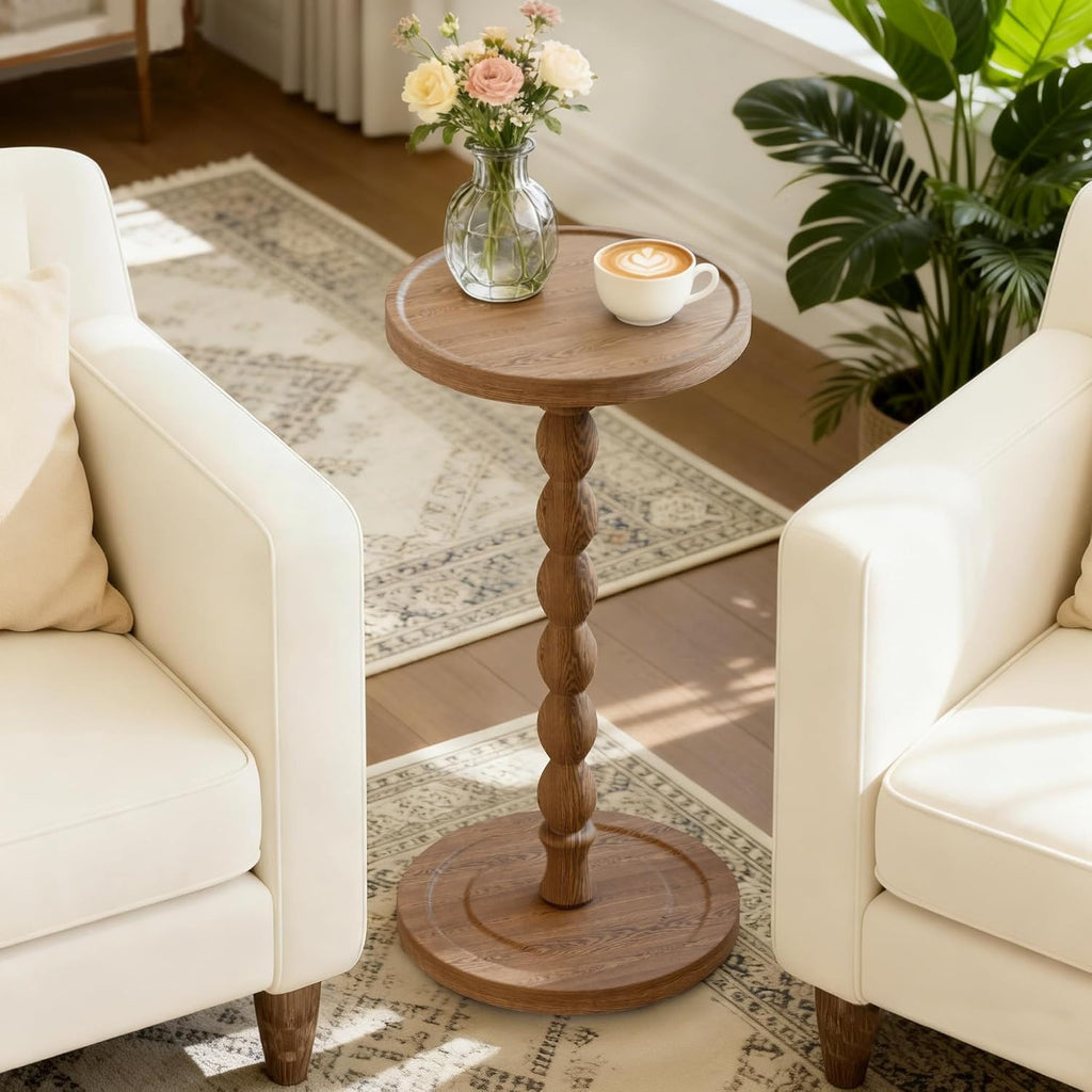 Small Side Table, Rubberwood‌ Drink Table for Small Spaces, Solid Wood Pedestal Coffee Tables, Round End Tables for Living Room, Sofa Couch, Bedroom, Corners, and Office (Brown, 11.81 inch)