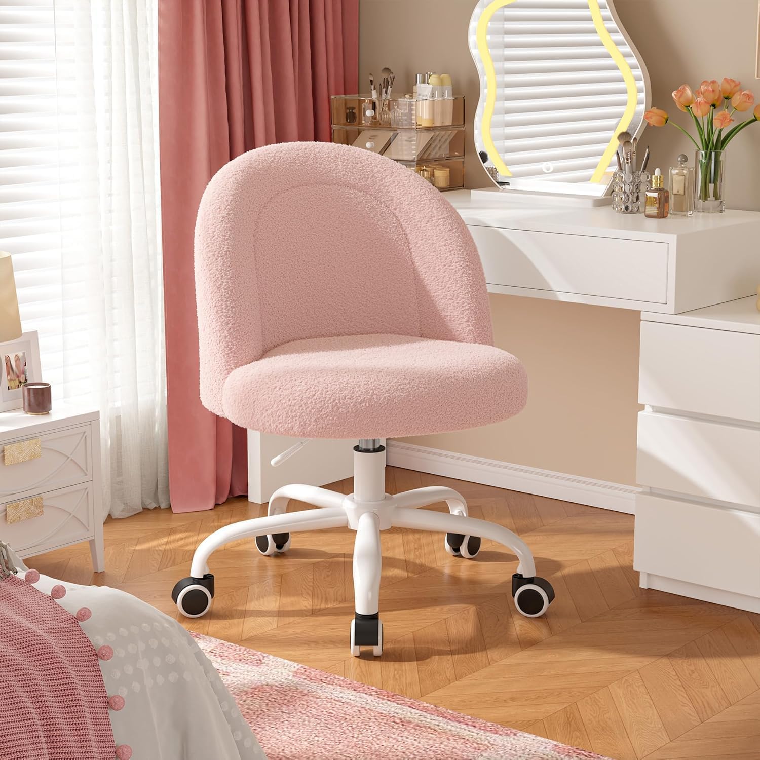 DurayLoly Vanity Chair with Wheels, Cute Desk Chair with Back, Armless Chair with Height Adjustable & 360° Swivel, Soft Lumbar Support for Small Space, Bedroom, Gentle Pink