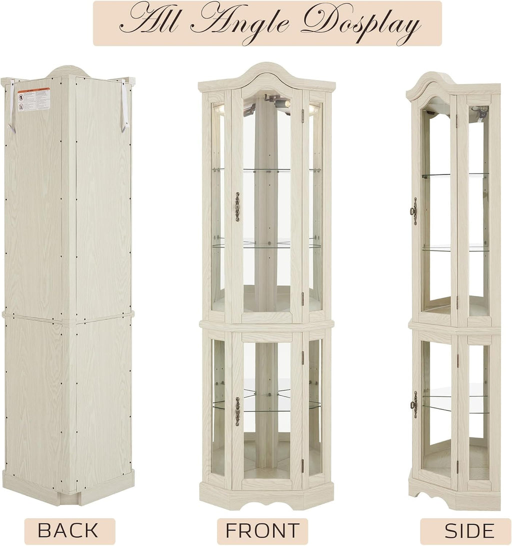 Lighted Corner Curio Cabinet 70.5" Tall Wooden China Cabinet with Tempered Glass Doors, Freestanding Glass Display Case Wine Cabinet Storage Rack for Bar and Liquor Storage (White)