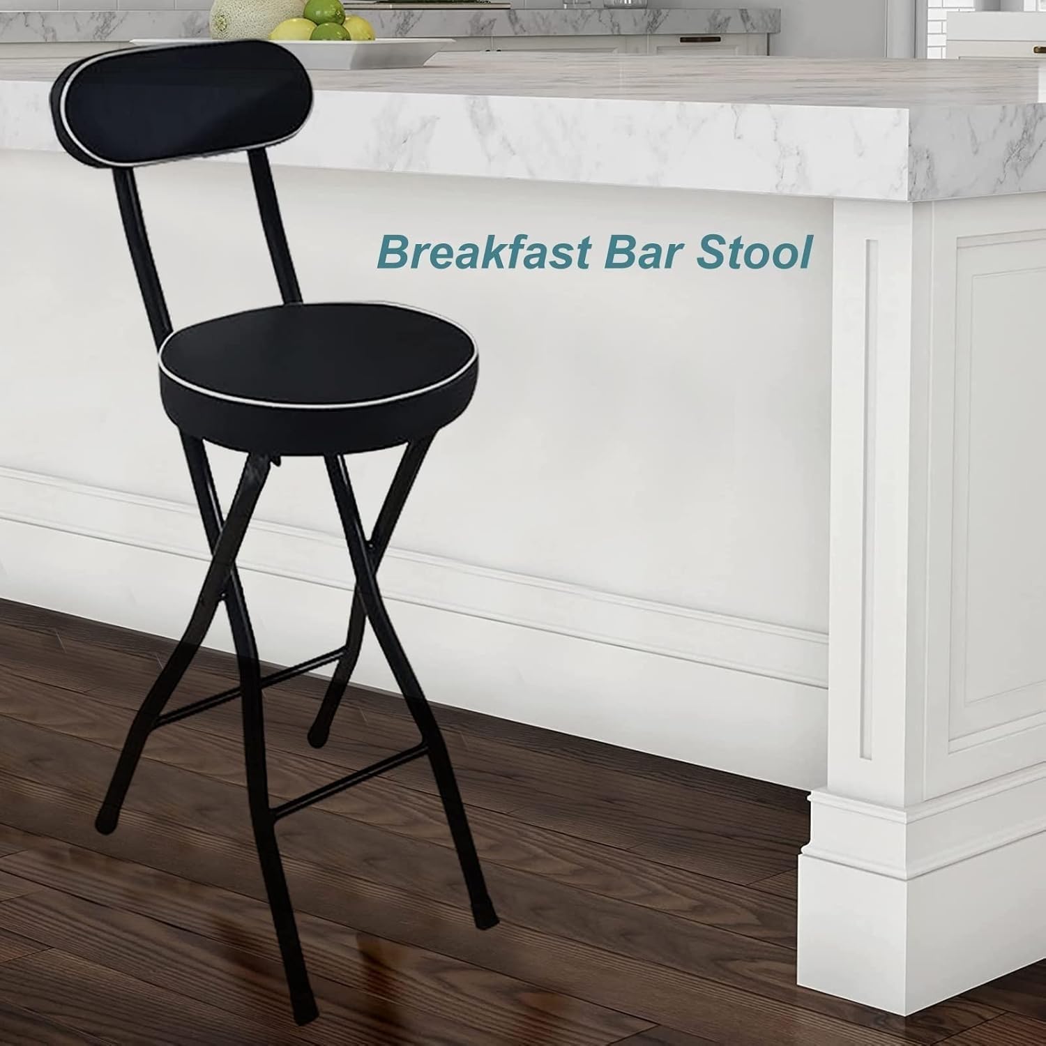 Black Folding Breakfast Kitchen Bar Stool Counter Height High Chair with Backrest Cushioned Padded Footrest(Black,55cm/22inch)