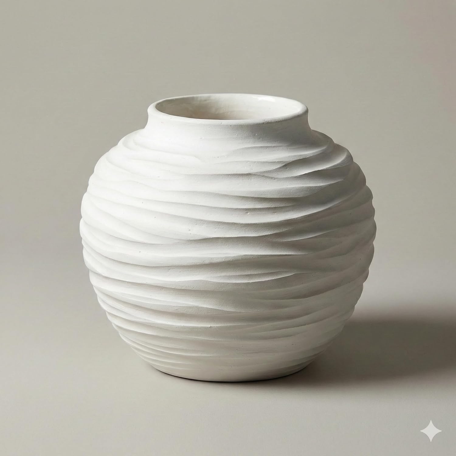 White Ceramic Vase for Home Decor - Rustic Farmhouse Flower Vase, Hand-Carved Spiral Texture, Decorative Round Pottery Vase for Living Room, Table, Shelf, Centerpiece (Matte White) - Large