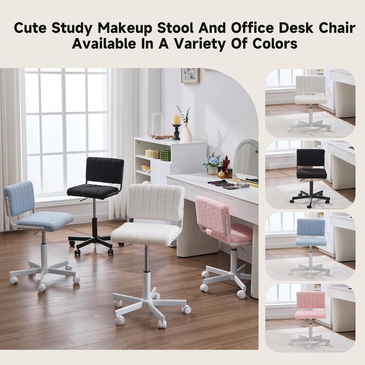 Office Chair Vanity Chair with Wheels, Comfy Small Desk Chair Vanity Chair with Back, Cute Teddy Armless Adjustable Swivel Chair for Bedroom Home Computer Task, Pink