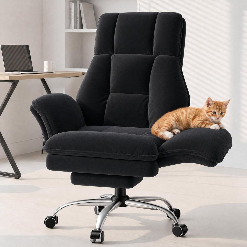 Big and Tall Office Chair, Executive Ergonomic Computer Gaming Chair with Foot Rest, Flip Armrests for Pets & Extra Space, Crystal Velvet Wide Seat Reclining Desk Chair, Black