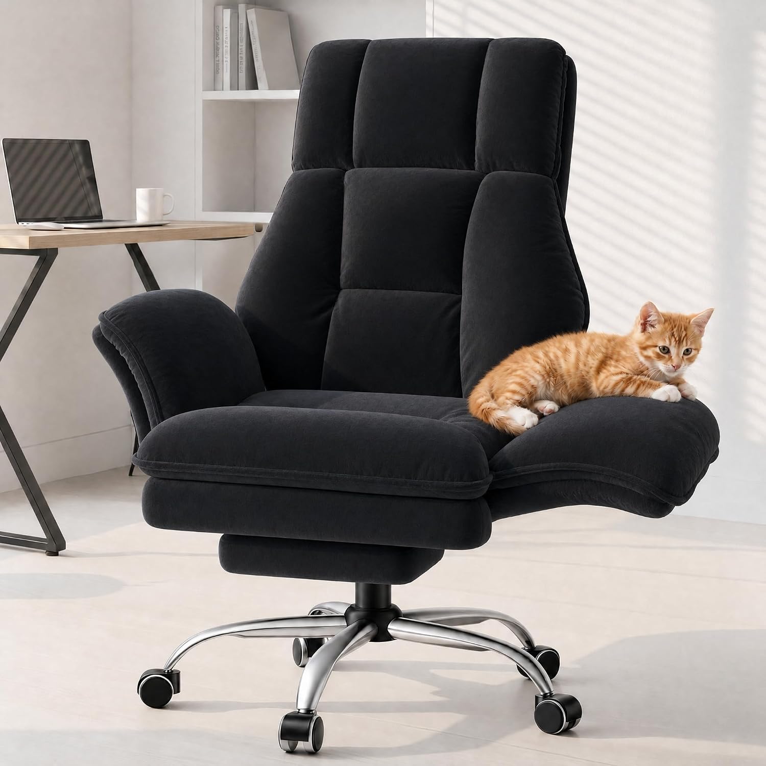 Big and Tall Office Chair, Executive Ergonomic Computer Gaming Chair with Foot Rest, Flip Armrests for Pets & Extra Space, Crystal Velvet Wide Seat Reclining Desk Chair, Black