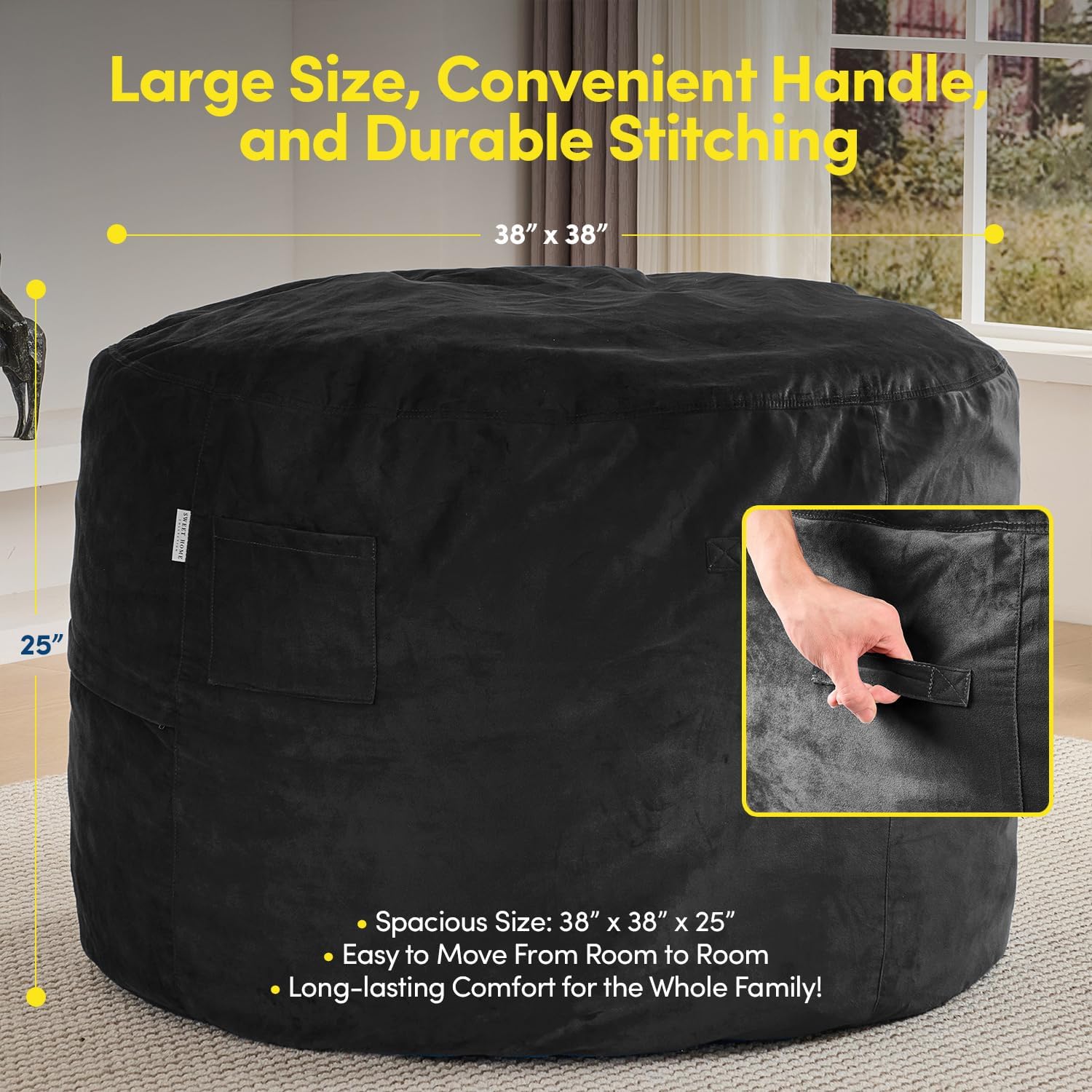 Bean Bag Chair 3ft Memory Foam Sack with Removable Velvet Cover, Ultra Soft Fabric, High Rebound Foam Filling, Portable Lazy Sofa for Adults & Teens, Black