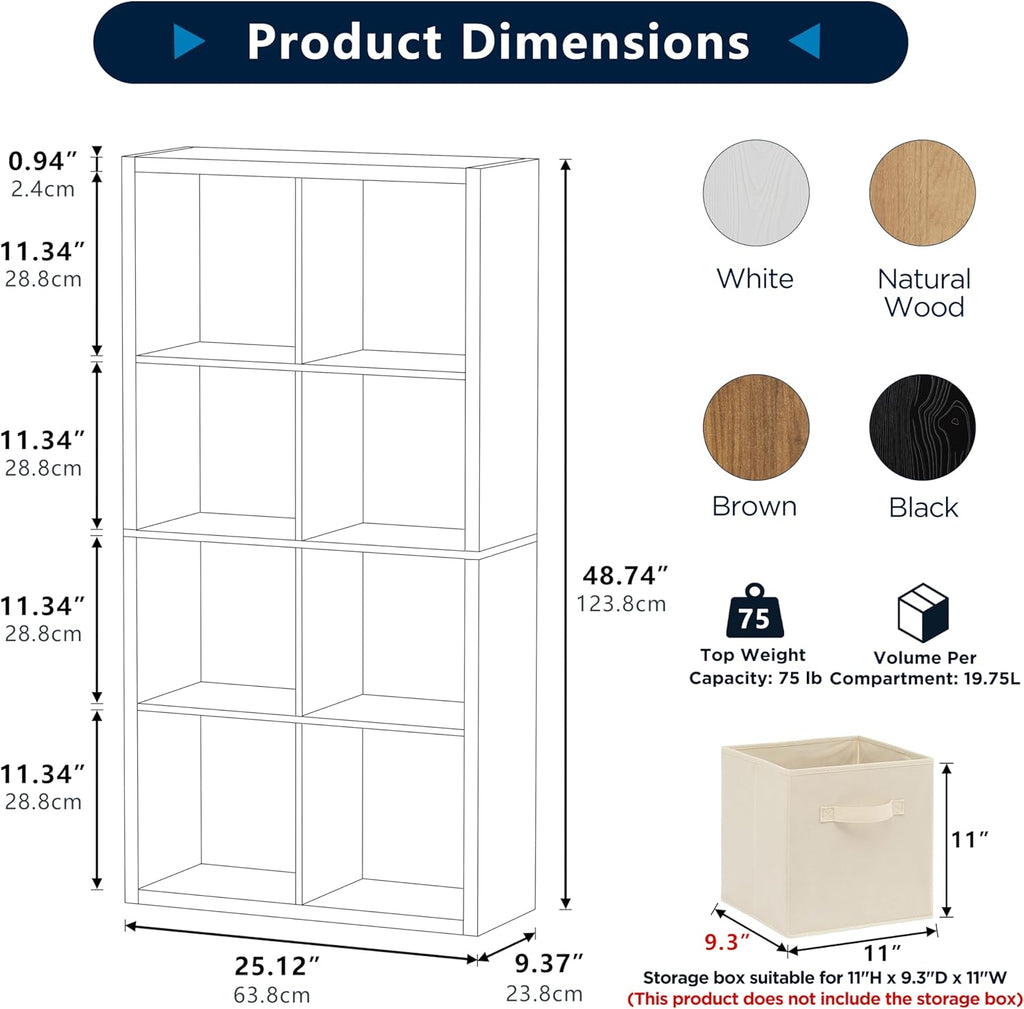 8 Cube Storage Organizer, Cube Shelf with Heavy-Duty Thick Boards, 25.12" L x 9.37" W x 48.74" H, Smooth Easy-Clean Panels, Simple Assembly, for Living Room Bedroom Office, White
