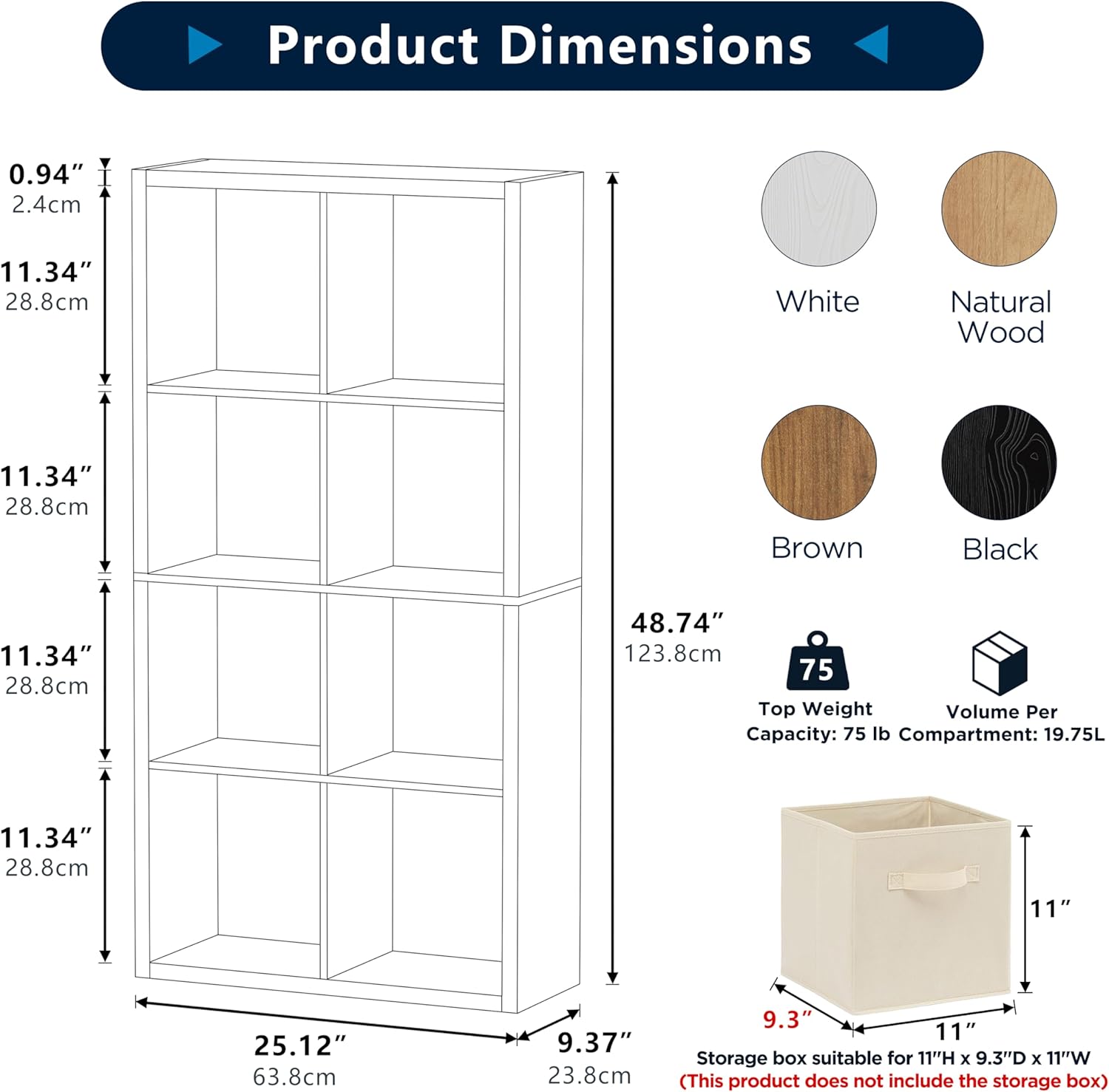 8 Cube Storage Organizer, Cube Shelf with Heavy-Duty Thick Boards, 25.12" L x 9.37" W x 48.74" H, Smooth Easy-Clean Panels, Simple Assembly, for Living Room Bedroom Office, White