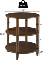 PADMA HOUSE Round Wood Small End Table with 3 Shelves, Wood Sofa Side Table with Storage for Small Spaces, Accent Couch End Tables for Living Room, Bedroom,19.7"*23.6"-Walnut