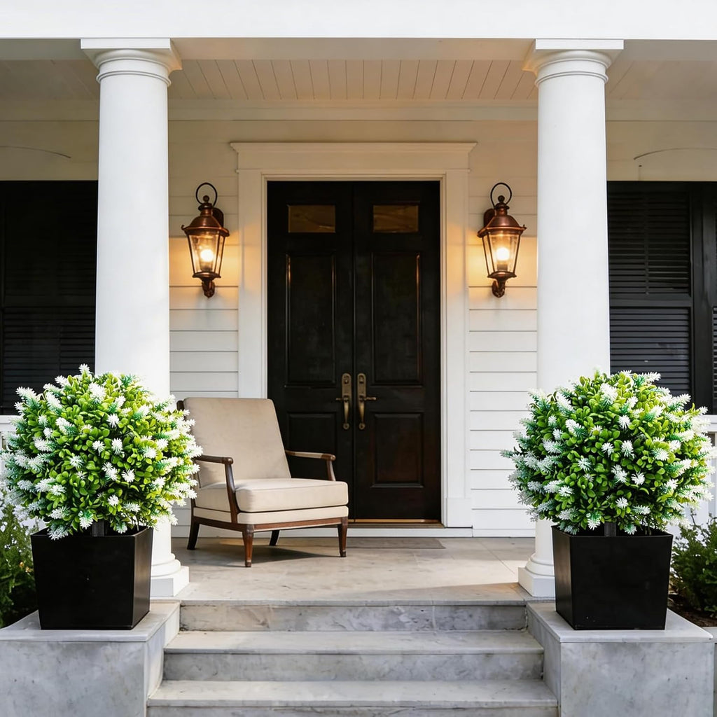 2 Pack 25" Artificial White Lavender Topiary Ball Trees for Outdoors, UV Resistant Faux Evergreen Shrubs with Ground Spikes, Fake Bush Ball Plants for Front Porch, Patio, Garden, Indoor Outdoor Decor