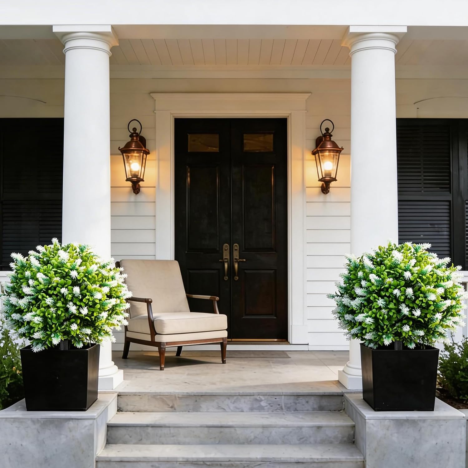 2 Pack 25" Artificial White Lavender Topiary Ball Trees for Outdoors, UV Resistant Faux Evergreen Shrubs with Ground Spikes, Fake Bush Ball Plants for Front Porch, Patio, Garden, Indoor Outdoor Decor