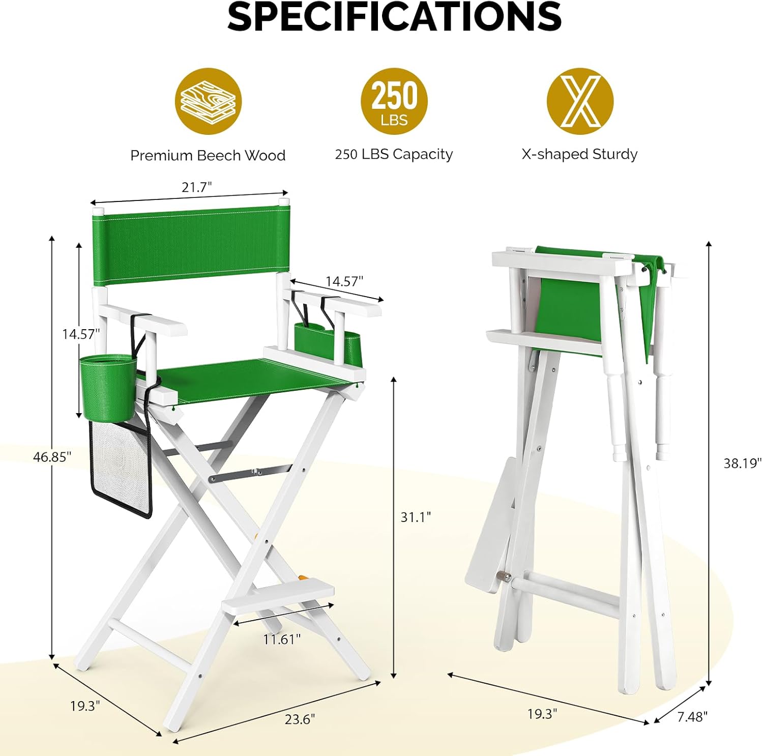 OmySalon Director's Chair 31" Height Folding Portable w/Storage Pouch & Footrest, Makeup Artist Chair for Salon, Events, Mobile, 250lb Capacity, White Wood Frame & Olive Green Canvas Seat