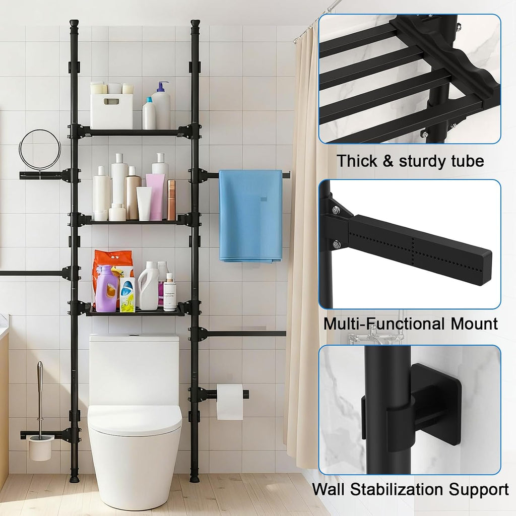 4-Tier Over The Toilet Storage Shelf, Adjustable Carbon Steel Bathroom Organizer, No Drill Tension Mount Freestanding Shelving Unit for Small Rooms, Space Saving Above Behind Toilet