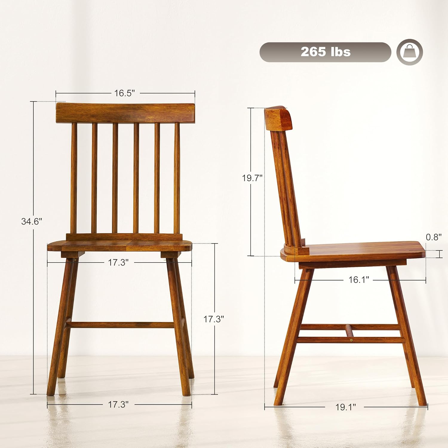 HOMCOM Windsor Dining Chairs Set of 4, Farmhouse Wooden Kitchen Chairs with Rubber Wood Frame and Spindle Backrest for Dining & Living Room, Light Brown