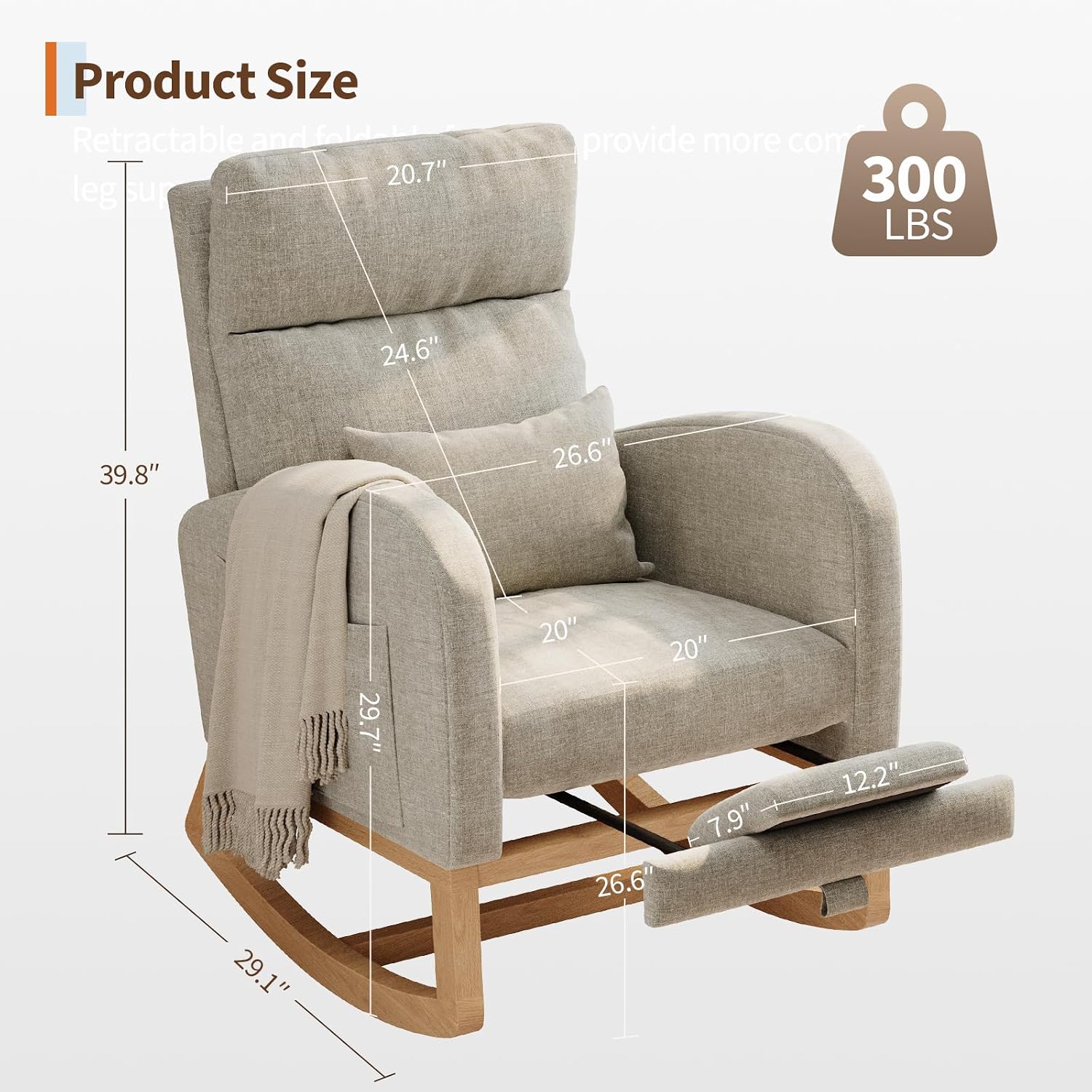 GarveeHome Rocking Chair, Modern Nursery Glider Chair with Side Pockets and Pillow, Rocker Chair for Living Room Bedroom Nursing Room, Grey