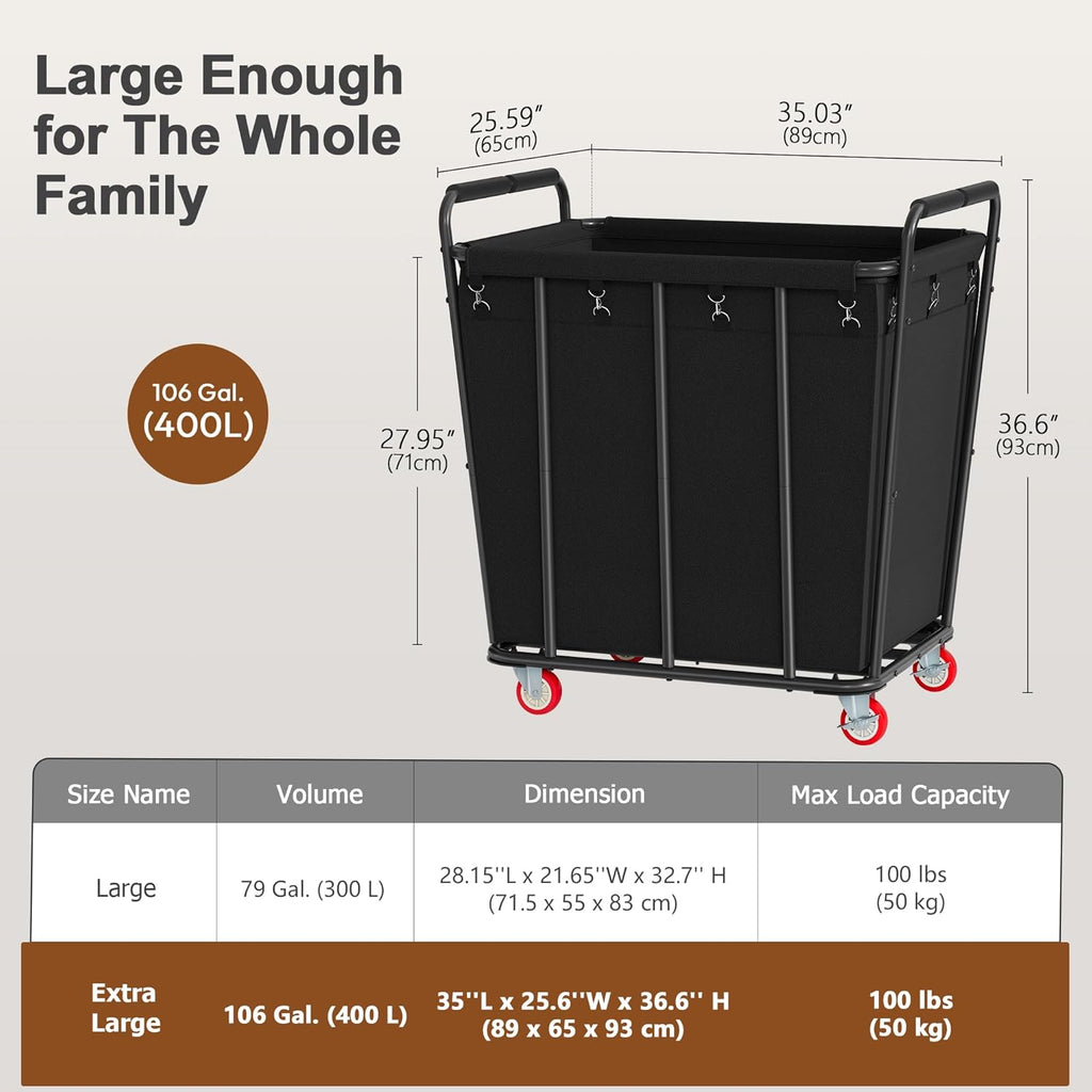 Hoctieon Large Laundry Cart with Wheels, 400L Heavy Duty Laundry Basket Organizer, Rolling Hamper Sorter for Clothes Storage, Industrial Dirty Clothes Hamper for Home & Hotel, Black