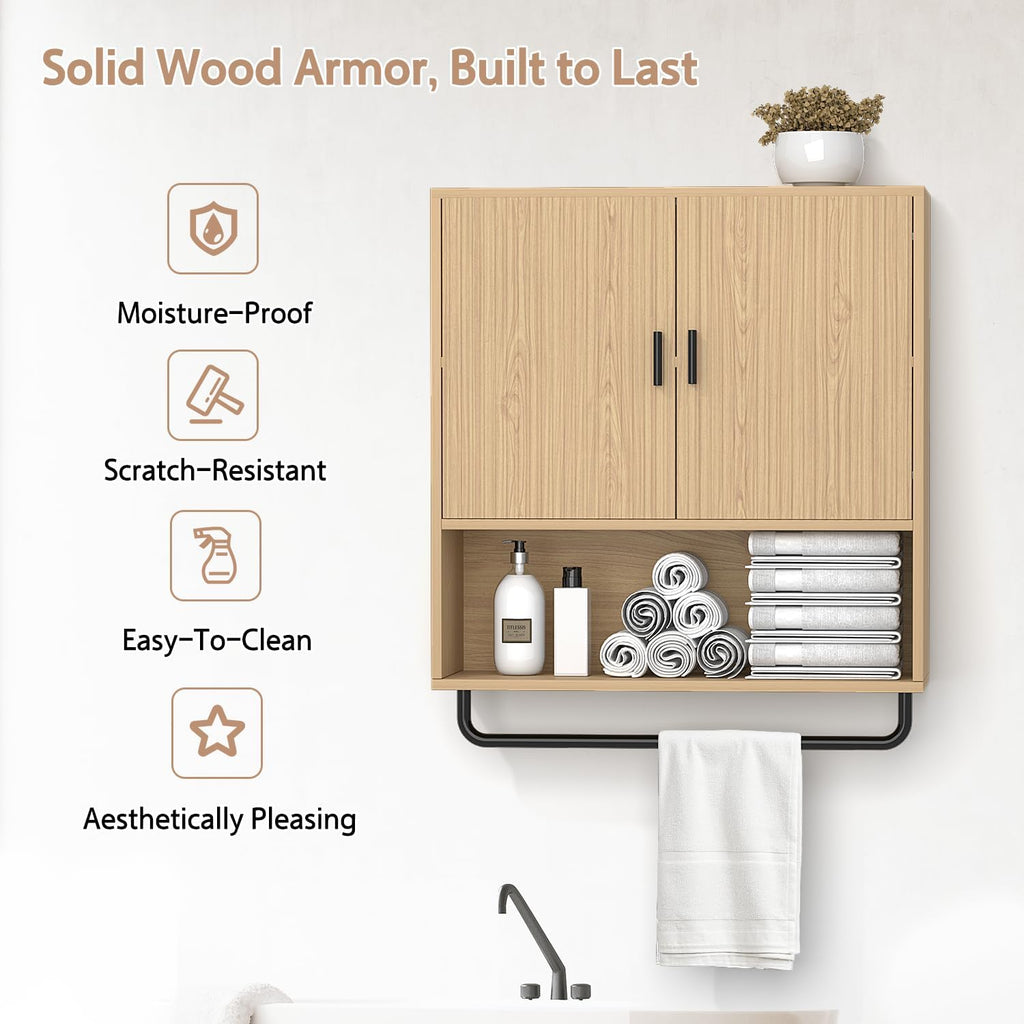 Bathroom Cabinet Wall Mounted: Over The Toilet Storage Cabinet with Adjustable Shelf & Towels Bar - 3-Tier Wood Medicine Cabines Large Space