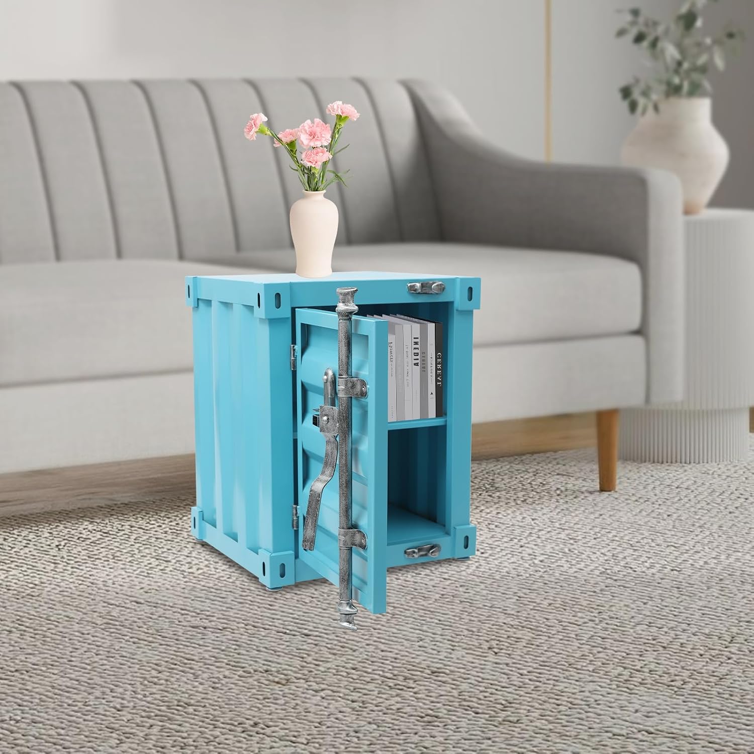 Industrial Wind Bedside Table, Container Style Locker Wrought, Iron Container Side Table with Metal Combination Lock for Bedroom, Living Room, Bar, Office (Blue)