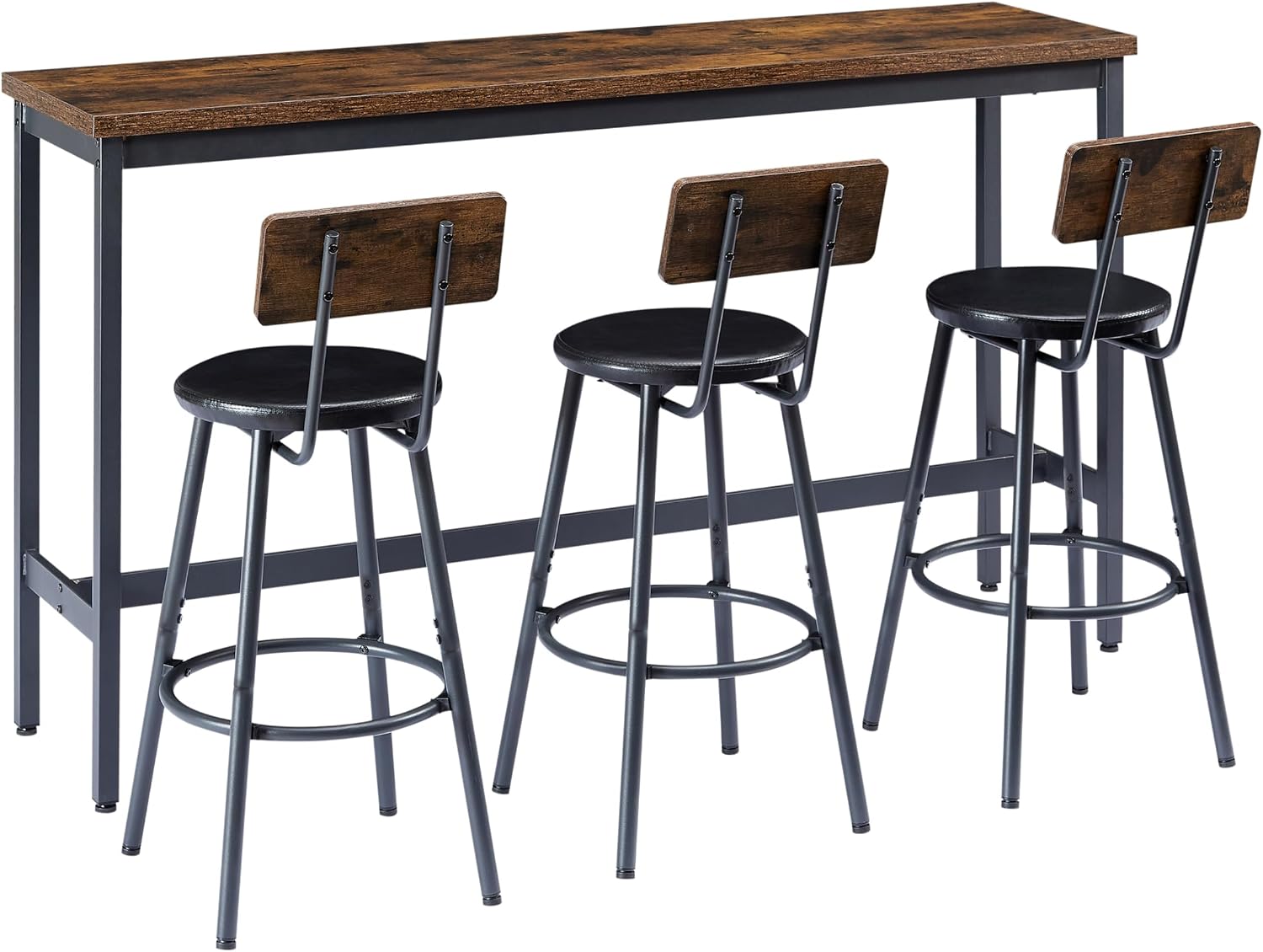 Elevon Long Bar Table Set with 3 PU Upholstered Bar Stools, Dining Table and Chair Sets, Industrial Tall Coffee Table and Back Chair for Kitchen, Living Room, Party Room, Small Space, Pub, Brown