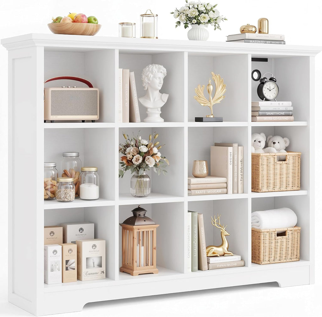 Aheaplus Wooden 12-Cube Storage Organizer with Charging Ports, Modern Cube Bookcase with Base, 4-Tier Floor Standing Open Cubbies Bookshelf, Cubicle Display Shelf for Home and Office, White