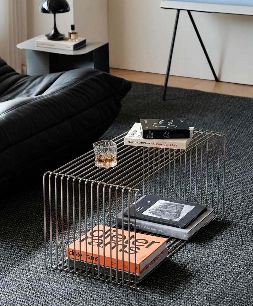 Stainless Steel Side Table,Square Geometry Retro Side Table Linear Metal End Table,Wire Cube Storage Rack, Book Stackable, Stainless Steel Coffee Table，Multi-Purpose Accent Table