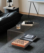 Stainless Steel Side Table,Square Geometry Retro Side Table Linear Metal End Table,Wire Cube Storage Rack, Book Stackable, Stainless Steel Coffee Table，Multi-Purpose Accent Table